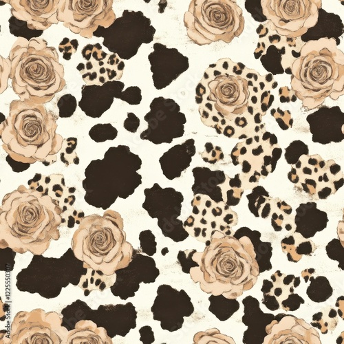 Elegant Floral and Leopard Print Pattern with Cow Spot Accents on Beige Background