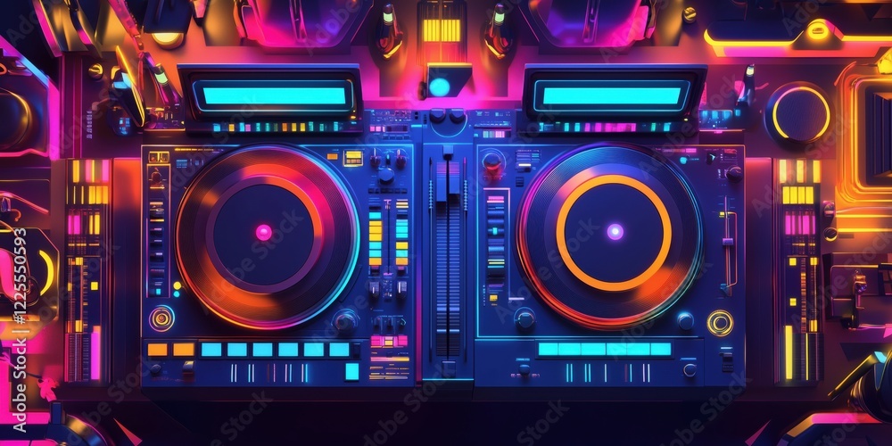 Vibrant DJ Turntables with Neon Lights and Colorful Controls for Electronic Music Mixing Vibrant DJ Turntables with Neon Lights and Colorful Controls for Electronic Music Mixing