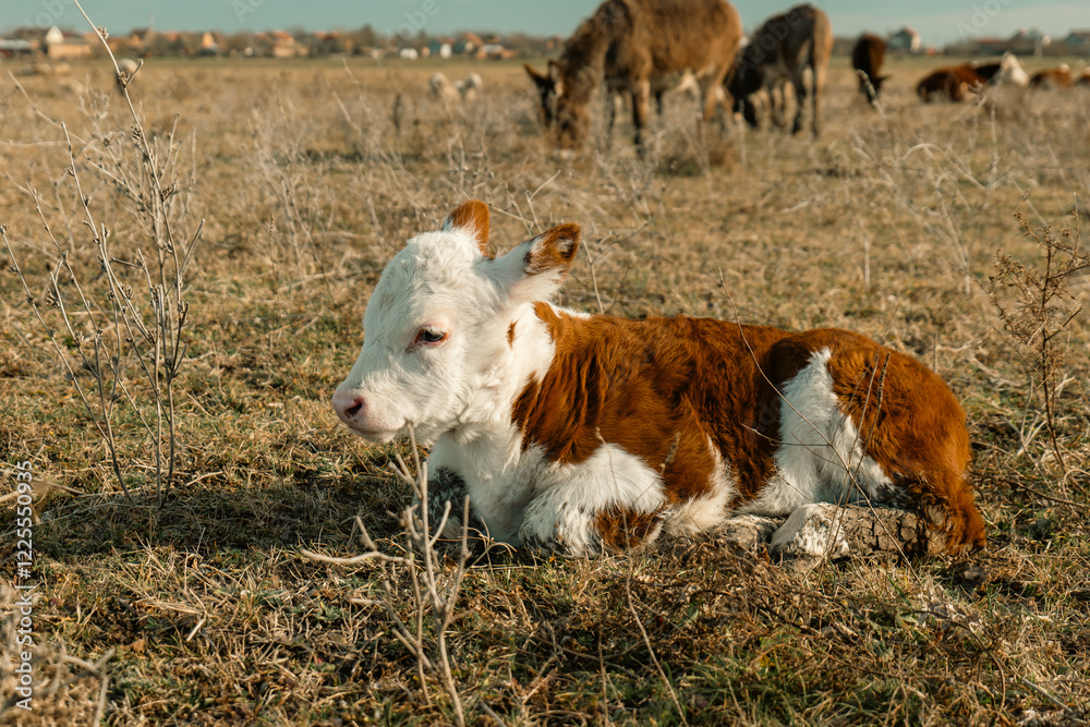 Obraz premium Gentle Newborn Calf Resting in the Golden Sunlight, Embracing the Warmth and Serenity of a Peaceful Green Meadow