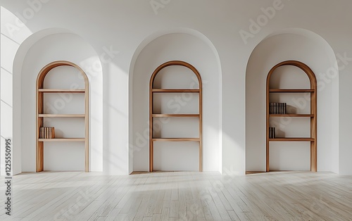 Minimalist white wall with bookshelves and arched doorways, empty space for product display mockup, high resolution, clean composition, soft natural lighting