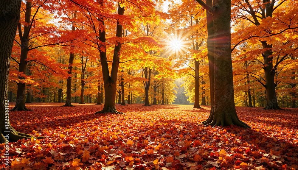 Vibrant autumn leaves falling in forest, nature's beauty