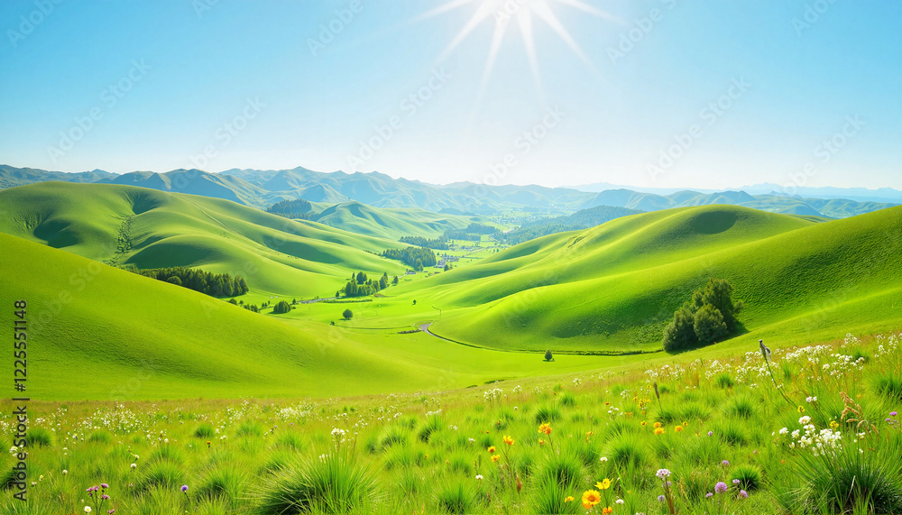 Obraz premium Lush green hills under bright sun, peaceful nature retreat