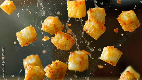 A collection of perfectly cooked, golden tater tots is falling onto a wooden surface, creating splashes of oil in a cozy kitchen illuminated by afternoon light.