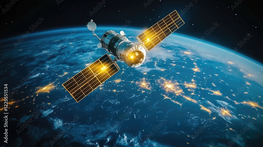 Satellite Orbiting Earth at Night with A Stunning View of City Lights Satellite Orbiting Earth at Night with A Stunning View of City Lights