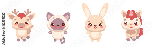 Unicorn, bunny, fawn, kitten cartoon characters. A set of cute children s cartoon characters. Vector fabulous elements for invitations, wallpapers, patterns. Isolated white background.