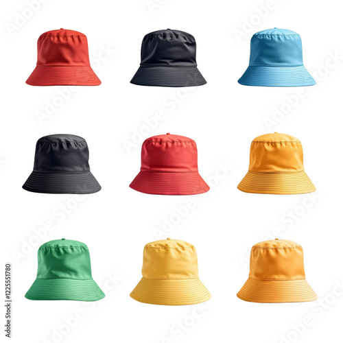 A collection of nine vibrant bucket hats in various colors shown against a plain black background. photo