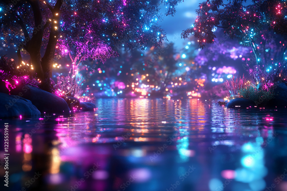 Vivid Reflections in a Neon Lagoon – A stunning neon-lit lagoon with vibrant reflections in the water, surrounded by abstract, glowing foliage, creating a kaleidoscope effect in teal, purple, and pink Vivid Reflections in a Neon Lagoon – A stunning neon-lit lagoon with vibrant reflections in the water, surrounded by abstract, glowing foliage, creating a kaleidoscope effect in teal, purple, and pink