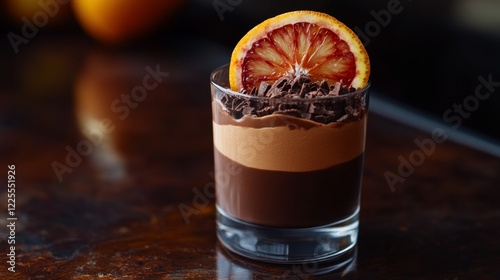 Decadent blood orange chocolate mousse in glass: a gourmet dessert delight with citrus twist and rich chocolate flavor