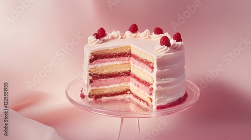 Delicious raspberry layer cake with white frosting and fresh fruit decoration on pink background - tempting dessert and baking concept