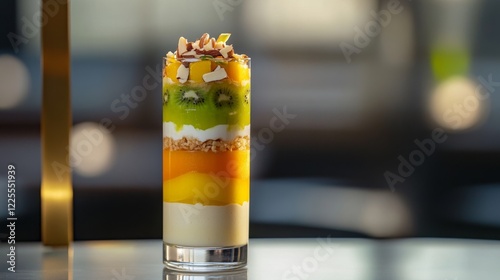 Captivating layered fruit parfait glass with kiwi, mango, and nut toppings - a vibrant and refreshing culinary delight