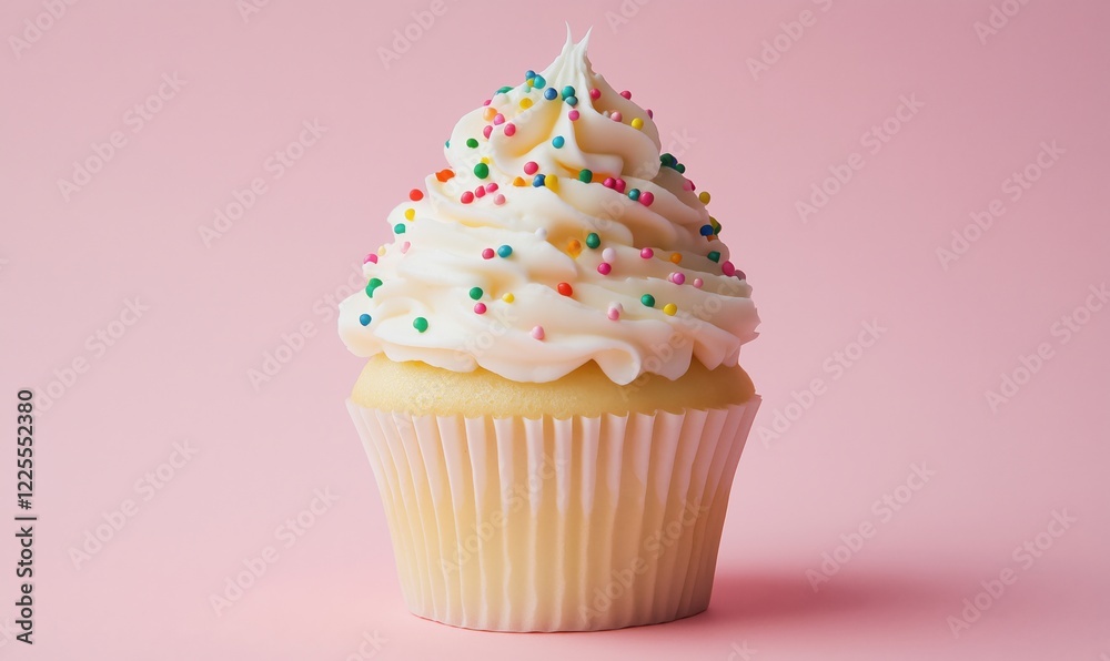 Delicious cupcake topped with creamy frosting and colorful sprinkles against a pink background Delicious cupcake topped with creamy frosting and colorful sprinkles against a pink background