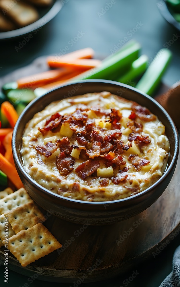 A warm, creamy bacon dip with crispy bacon bits on top, served in a small bowl with a side of crispy crackers and fresh veggies A warm, creamy bacon dip with crispy bacon bits on top, served in a small bowl with a side of crispy crackers and fresh veggies