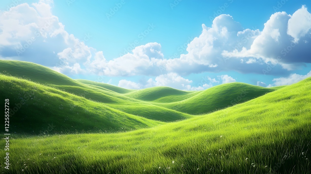 Fototapeta premium Vibrant Rolling Green Hills Under a Bright Blue Sky with Clouds