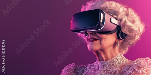 Elderly woman wearing virtual reality headset, showcasing modern technology and elegance, vibrant colors, sophisticated attire, futuristic experience photo