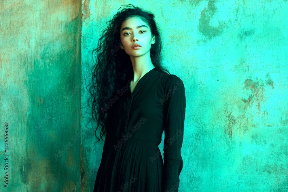 Fototapeta premium Commercial commercial visual design. Long hairdo - curly hair. Pretty calm mixed-race girl - for ads, magazine ad and social online ad networks use. Vibrant hair fashion. Colored hair art.