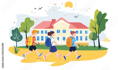 Colorful Back to School Banner with Kids Walking to School Building Vector Illustration
