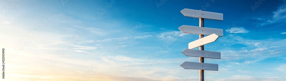 A clear sky serves as a backdrop to a directional signpost showcasing multiple paths. Symbolizing choices and journeys, it invites exploration and adventure into the unknown. A clear sky serves as a backdrop to a directional signpost showcasing multiple paths. Symbolizing choices and journeys, it invites exploration and adventure into the unknown.