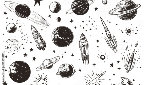 Hand-Drawn Space Elements: Abstract Planets, Comets, and Spaceships in Grunge Style