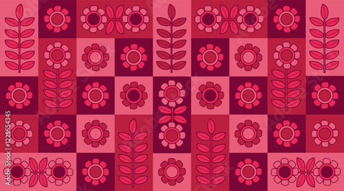 Minimalism floral burgundy poster. Modern vintage flowers and leaves abstract magenta pink tones grid repeating pattern. Minimal hand drawn style flat impactful backdrop. Vector illustration