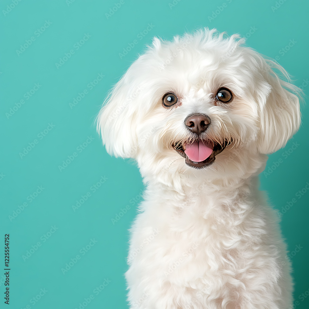 Happy White Lapdog Dog Smiling with Turquoise Background Happy White Lapdog Dog Smiling with Turquoise Background