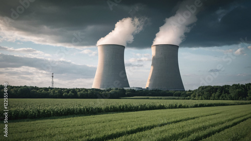 A Nuclear Power Plant equipped with Cooling Towers releasing Vapor into the atmosphere photo