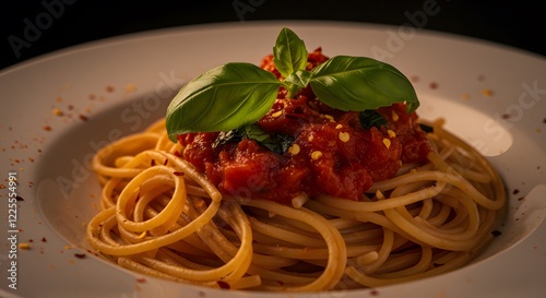 Delicious Spaghetti with Tomato Sauce and Basil photo