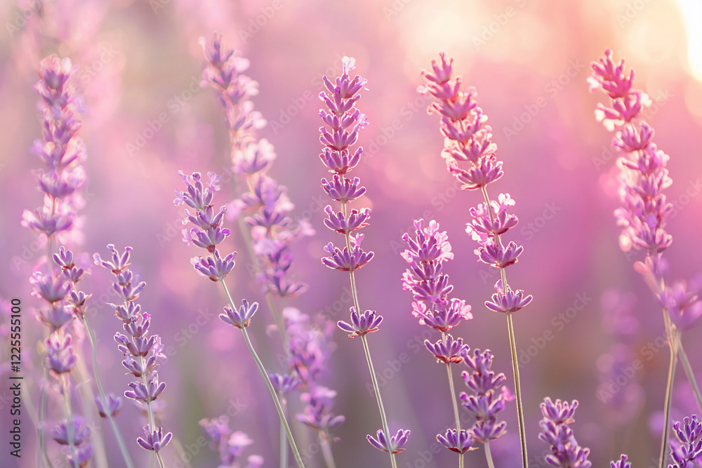 Obraz premium Lush lavender fields in soft sunlight, creating a serene atmosphere with vibrant colors in the background