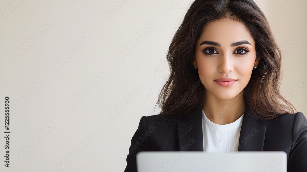 A confident businesswoman in a blazer is looking directly at the camera, seated at a desk with a laptop A confident businesswoman in a blazer is looking directly at the camera, seated at a desk with a laptop