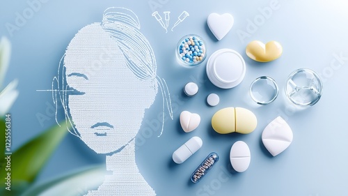 Menopause and Health concept. Conceptual image of a woman's face with various skincare products and supplements arranged artistically around it.