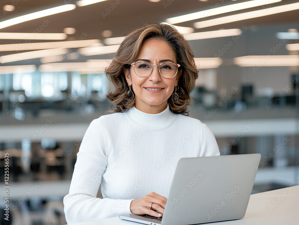 A confident woman is seated in a modern office environment, smiling and working on her laptop. Her stylish attire and bright workspace reflect professionalism and creativity.