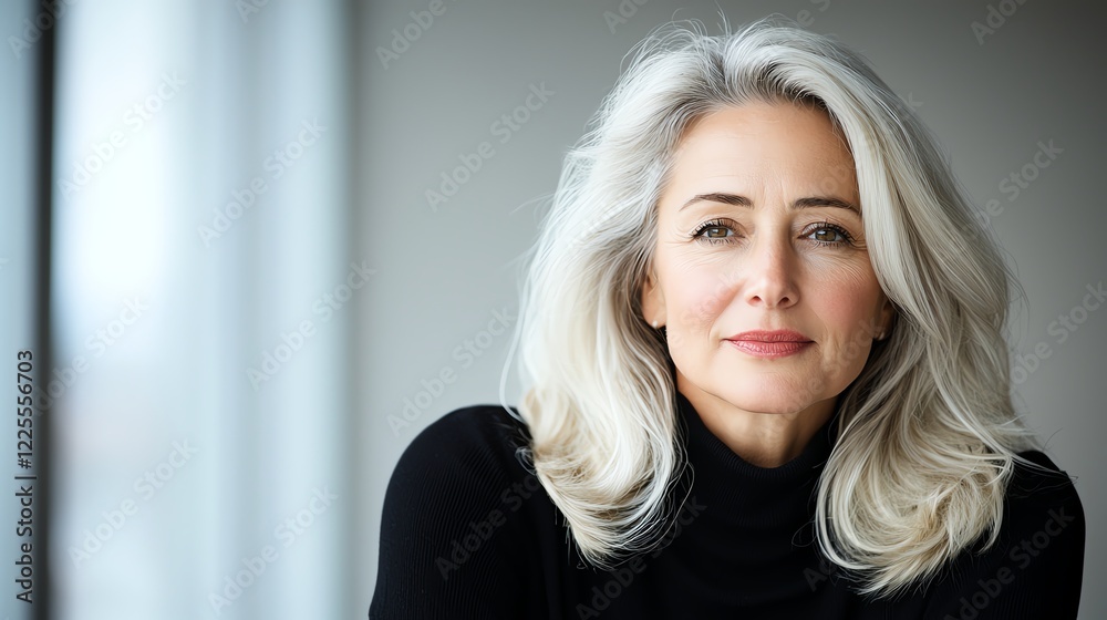 Fototapeta premium A confident woman with long gray hair and a serene expression, wearing a black turtleneck. She exudes wisdom and elegance, embodying grace and self-assurance in her demeanor.