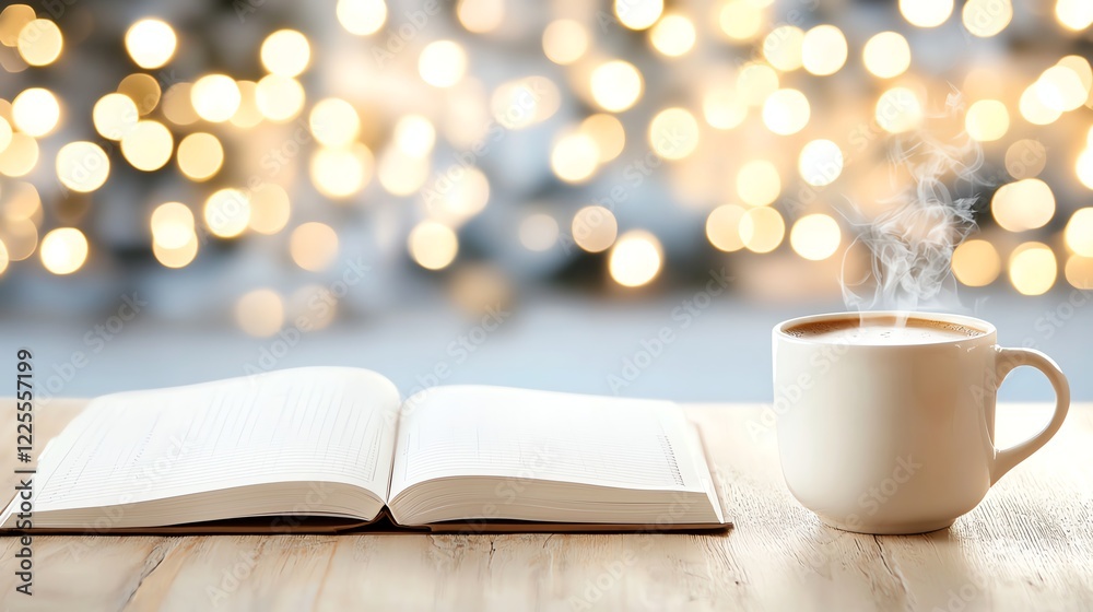 A cozy scene featuring an open book next to a steaming cup of coffee on a wooden table, illuminated by soft bokeh lights, perfect for moments of relaxation and contemplation.