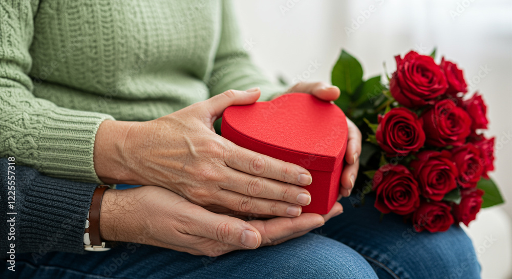 Heart shaped box held by hands with roses in a romantic setting showcasing love and affection Heart shaped box held by hands with roses in a romantic setting showcasing love and affection