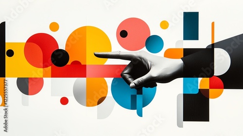 A creative abstract composition featuring a hand pointing towards vibrant geometric shapes in various colors. Ideal for design, marketing, and advertising projects.