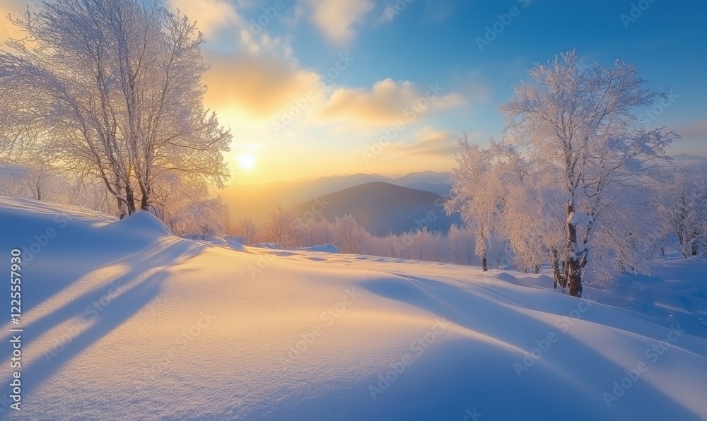 Winter landscape with snow-covered hills, frosted trees, and a vibrant sunset illuminating the serene scene Winter landscape with snow-covered hills, frosted trees, and a vibrant sunset illuminating the serene scene
