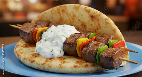 Delicious Greek Souvlaki with Tzatziki Sauce in Pita Bread photo