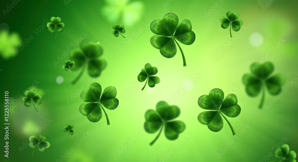 Naklejka premium Vibrant Green Shamrocks Floating Against a Radiant Green Background.St. Patrick's Day concept