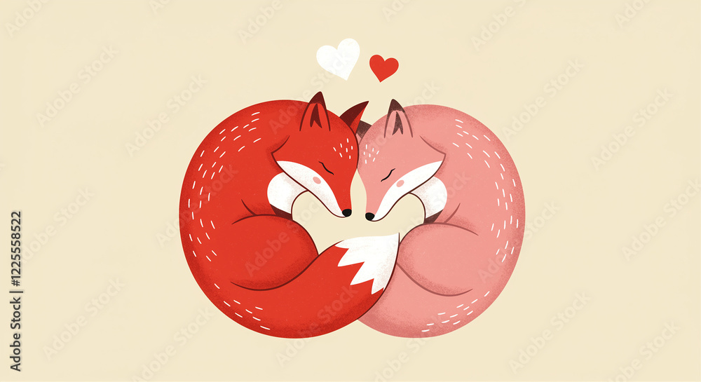 Cute foxes hugging illustration with hearts and pastel colors Cute foxes hugging illustration with hearts and pastel colors