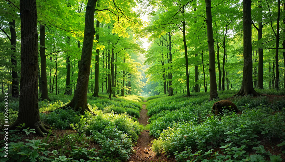 Fototapeta premium Serene forest path with soft light filtering through trees, tranquility