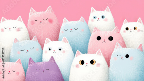 Cute cartoon cats in different colors. All cats have big eyes and cute faces, which makes them very attractive photo