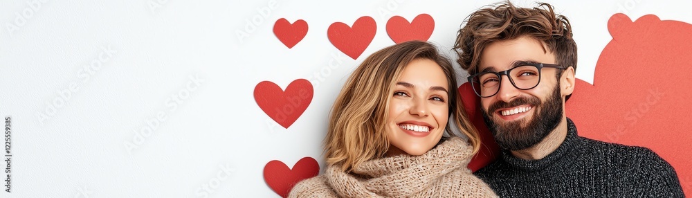 A joyful couple smiles together, surrounded by red hearts on a white background, capturing a moment of love and happiness, perfect for Valentine's Day or romantic themes. A joyful couple smiles together, surrounded by red hearts on a white background, capturing a moment of love and happiness, perfect for Valentine's Day or romantic themes.