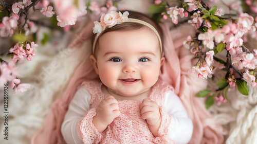 Smiling baby surrounded by pink cherry blossoms