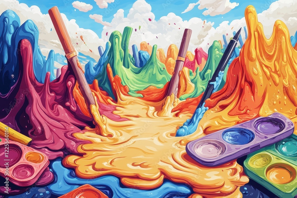 Obraz premium Vibrant Paint Explosion With Brushes And Palettes