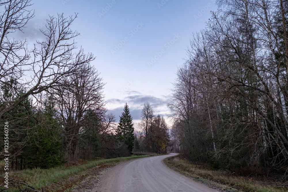 A rural landscape with a dirt road curving A rural landscape with a dirt road curving