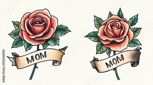 Fototapeta Naklejka Na Ścianę i Meble -  Two vector-style tattoo designs of an old-school rose with a banner that reads MOM on a white background, a clip art sticker design, a simple line drawing