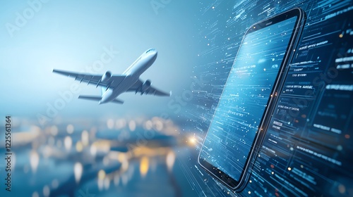 A modern smartphone with digital data streams in the foreground, juxtaposed against an airplane flying above a vibrant urban skyline, symbolizing connectivity and travel.
