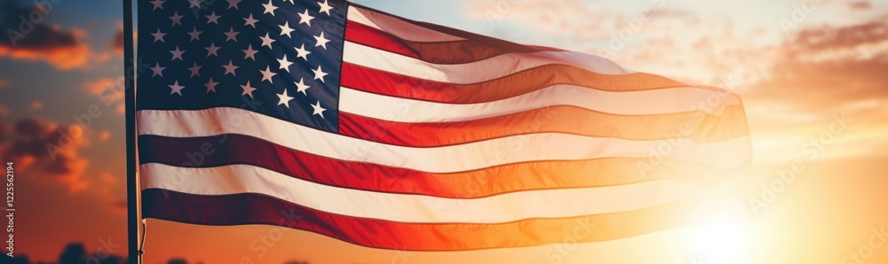 Fototapeta premium The American flag waves proudly against a backdrop of a stunning sunset, filling the sky with warm hues while illuminating the surrounding landscape.