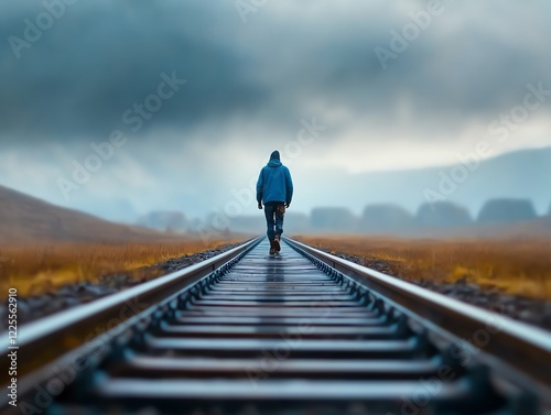 A solitary figure walks along a tranquil railway track, surrounded by rolling hills and a moody sky photo