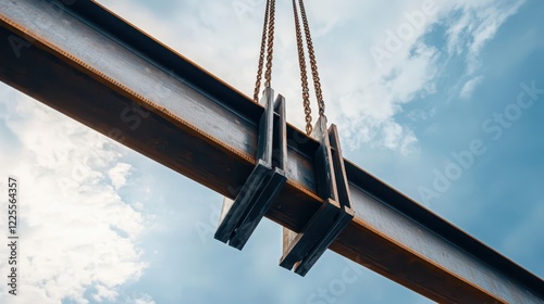 Crane lifting steel beams at construction site with chains and heavy machinery in operation