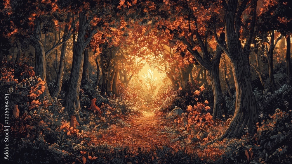 Fototapeta premium Autumnal Forest Path Leading to Sunlight